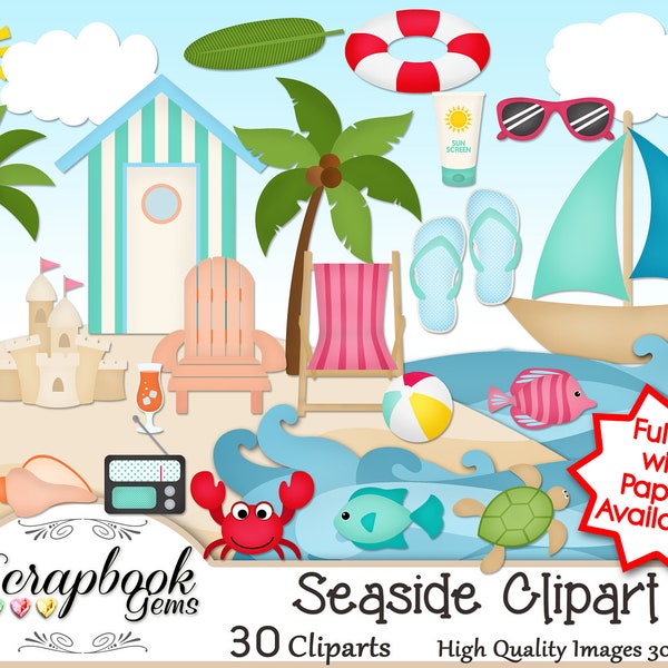 SEASIDE Clipart, 30 png Fichiers Clipart, Téléchargement instantané enfant crabe poisson tortue mer océan surf vagues sable plage voilier cocotier coquillage