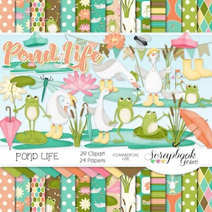 POND LIFE Clipart & Papers Kit, 29 png Clipart files, 24 jpeg Paper files, Instant Download lake duck goose geese frog toad spring nature