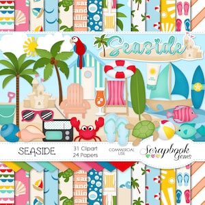 SEASIDE Clipart & Papers Kit, 31 png Clipart Dateien, 24 jpeg Papierdateien, Instant Download Surfbrett Krabbe Segelboot Sandburg Schildkröte Strand
