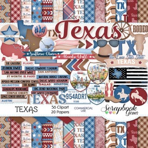 TEXAS Clipart and Papers Kit, 56 png Clip Arts, 20 jpeg Papers Instant Download Verenigde Staten, cowboylaars, Dallas, lone star, rodeo, Alamo