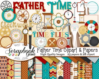 FATHER TIME Clipart and Papers Kit, 28 png Clip arts, 23 jpeg Papers Instant Download clock watches time piece hourglass clockwork gears