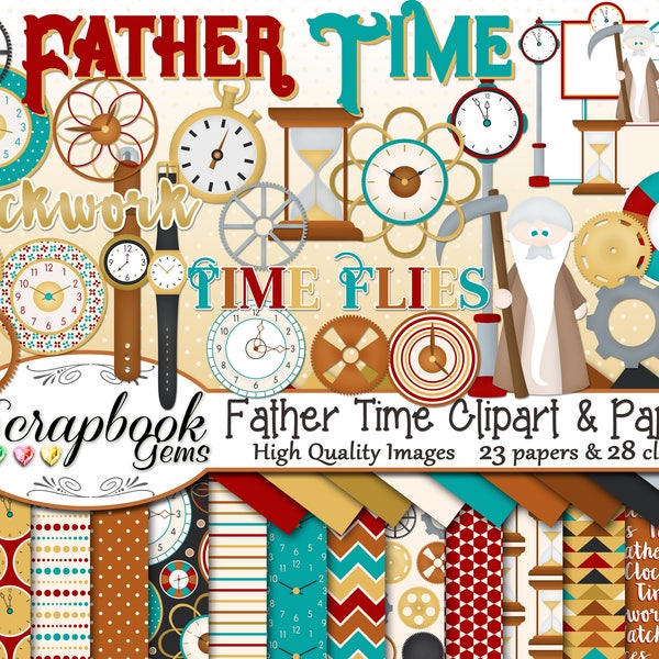 VATERZEIT Clipart and Papers Kit, 28 png Clip Arts, 23 jpeg Papiere Instant Download Uhr Uhren Time Piece Uhrwerk Uhrwerk Zahnräder