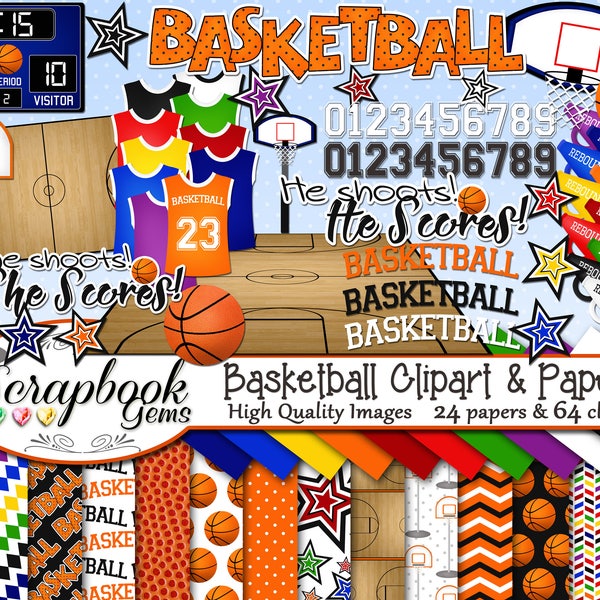 BASKETBALL Clipart and Papers Kit, 64 png Clip Arts, 24 jpeg Papers Instant Download sport hoop backboard score jersey court net basket ball