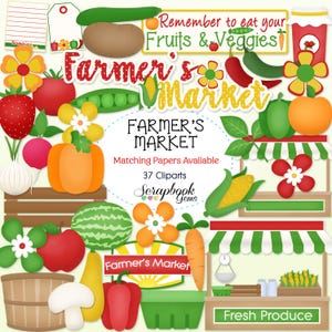 May include: A colorful illustration with the text "Farmer's Market" and "Remember to eat your Fruits & Veggies." The image features various fruits and vegetables, including a strawberry, tomato, and corn, along with market stalls.