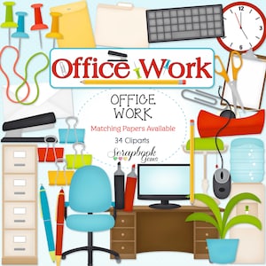 Puede incluir: Una ilustración de artículos de oficina, incluyendo un escritorio, una silla, un teclado y un reloj, junto con artículos de papelería. La imagen incluye el texto "Office Work" y "Matching Papers Available".