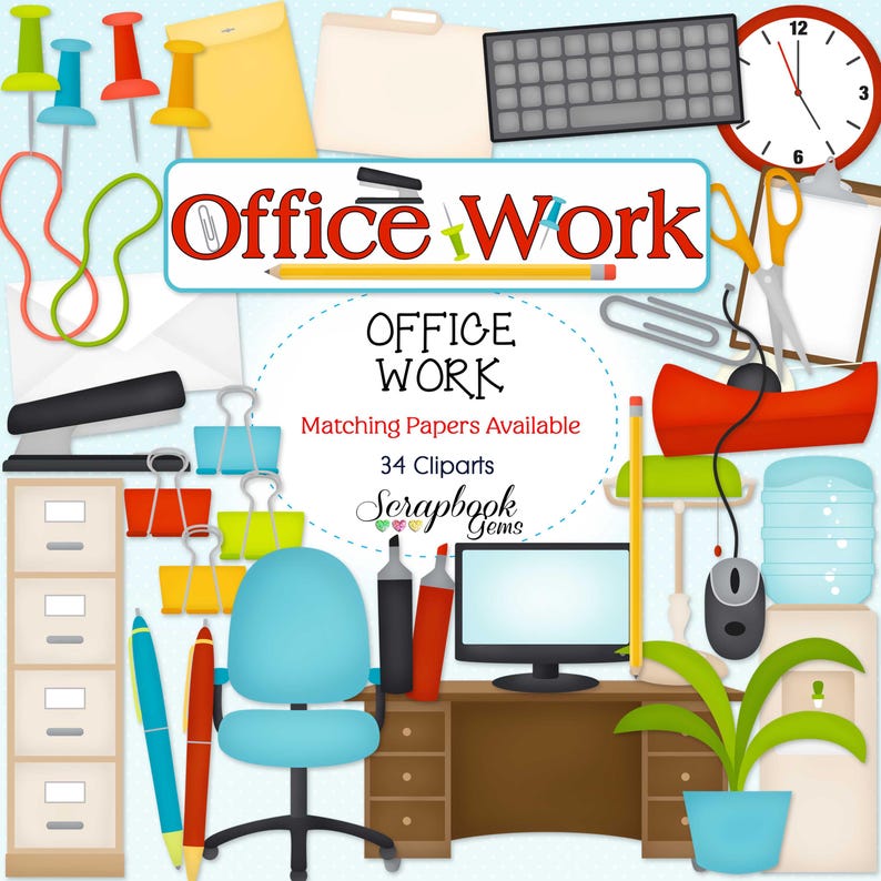 May include: A collection of office supplies and furniture, including a desk, chair, keyboard, clock, and various stationery items. The image features the text "Office Work" and "Matching Papers Available".