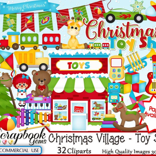 CHRISTMAS TOY SHOP Clipart, 32 png Clipart files, Instant Download, toy store, winter, train, plush, trumpet, guitar, rocking horse, truck