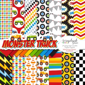 MONSTER TRUCK Digitale Papiere, 24 Stück, 12 "x 12", High Quality JPEGs Sofort Download - Abholer Blitz Blitz zerschlagen Checker Flagge