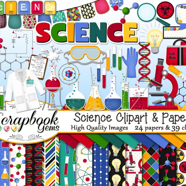 SCIENCE Clipart and Papers Kit, 39 png Clip Arts, 24 jpeg Papers Instant Download test tube microscope bunson dna helix atom lab school bio