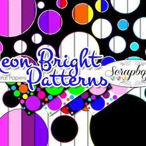 NEON BRIGHT Digital Polka dots Papers, 32 Pieces! 12&quot; x 12&quot; High Quality digiscrap patterns Commercial Use Scrapbook large small polkadots