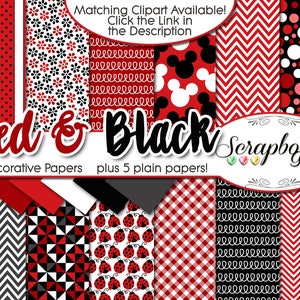 Può includere: Una collezione di carte per scrapbook rosse e nere con vari motivi, tra cui strisce, pois, floreali e geometrici. Il testo "Red & Black" e "Scrapbook Gems" sono visualizzati. È presente anche il testo "12 Decorative Papers plus 5 plain papers!"