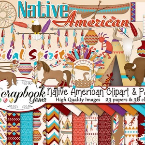 Op de afbeelding: Een digitaal scrapbook-papierpakket met Native American thema's. Het pakket bevat 23 papieren en 38 clipart-afbeeldingen. De papieren hebben geometrische patronen in rood, oranje, blauw en wit. De clipart bevat afbeeldingen van een tipi, een buffel, een droomvanger en een Native American hoofdtooi.