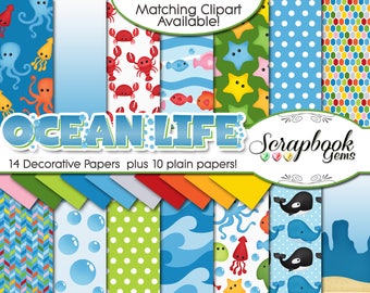 OCEAN LIFE Digital Papers, 24 Pieces, 12" x 12", High Quality JPEGs, Instant Download crap octopus seashell dolphin whale fish wave ocean