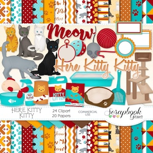 QUI KITTY KITTY Clipart & Papers Kit, 24 clipart png, 20 documenti jpeg Download immediato gatto gattino felino animali animali domestici lettiera impronte di zampe tag
