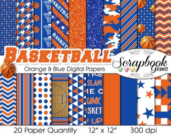 Basketball Digital Papers Blue & Orange, 20 Pieces, 12" x 12", High Quality JPEGs, Instant Download Commercial Use Sports Glitter