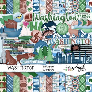 May include: A digital scrapbook paper pack featuring a variety of designs inspired by the state of Washington. The pack includes 20 papers and 59 clipart images. The papers feature a variety of colors and patterns, including blue, green, brown, and white. The clipart images include a variety of iconic Washington landmarks, such as the Space Needle, Mount Rainier, and the Evergreen State.