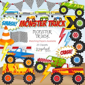 MONSTER TRUCK Clipart, 25 Png Clipart Dateien Sofortiger Download-Pickup-Truck Blitz Checker Flagge Reifen Motocross Kegel Banner Geburtstag
