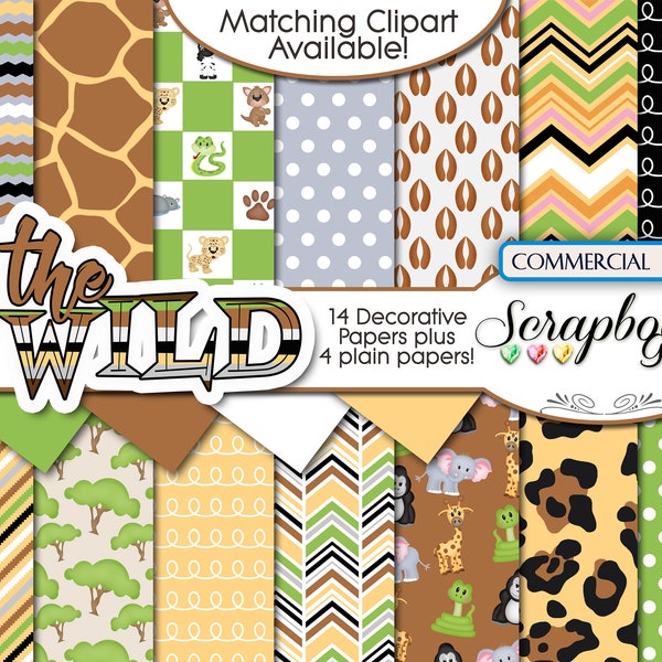 IN THE WILD Digital Papers, 18 Pieces, 12" x 12", High Quality JPEGs, Instant Download elephant, jungle, safari, zoo, snake, gorilla, jaguar