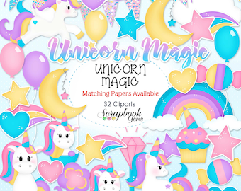 UNICORN MAGIC Clipart, 32  png Clipart files, Instant Download, magical, stars, moon, sparkles, balloons, rainbows, pegasus, girl's birthday