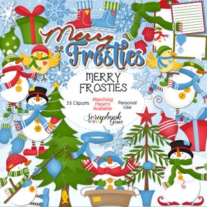 MERRY FROSTIES クリップアート、33 png クリップアート ファイル 即時ダウンロード 冬 クリスマスツリー プレゼント ギフト 雪だるま 雪だるま 降る雪 スカーフ そり