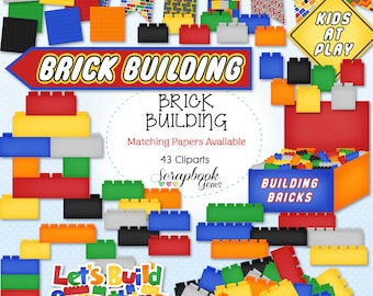 BRICK BUILDING Clipart, 43 png Clipart files Instant Download building blocks bricks toys banner playing play time kid children boys toy box