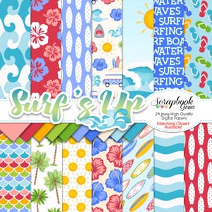 Op de afbeelding: Een set van 24 digitale papieren met een surf- en strandthema. De papieren bevatten verschillende ontwerpen, waaronder golven, surfplanken, hibiscusbloemen, palmbomen en schelpen. De papieren zijn in verschillende kleuren, waaronder blauw, groen, geel, rood en wit. De tekst "Surf & Up" staat in het midden van de afbeelding. De tekst "Scrapbook Gems" staat in de rechterbenedenhoek van de afbeelding. De tekst "24 jpeg High-Quality Digital Papers" staat onder de tekst "Scrapbook Gems". De tekst "Matching Clipart Available" staat onder de tekst "24 jpeg High-Quality Digital Papers".