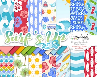 May include: A set of 24 digital papers with a surf and beach theme. The papers feature various designs, including waves, surfboards, hibiscus flowers, palm trees, and seashells. The papers are in a variety of colors, including blue, green, yellow, red, and white. The text "Surf & Up" is featured in the center of the image. The text "Scrapbook Gems" is featured in the bottom right corner of the image. The text "24 jpeg High-Quality Digital Papers" is featured below the text "Scrapbook Gems". The text "Matching Clipart Available" is featured below the text "24 jpeg High-Quality Digital Papers".