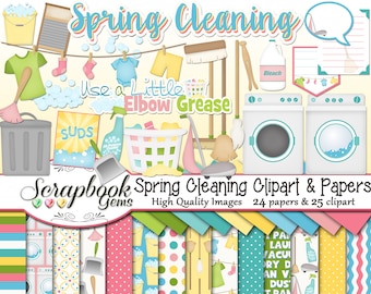 SPRING CLEANING Clipart and Papers Kit, 25 png Clip arts, 24 jpeg Papers Instant Download vacuum washer dryer laundry bubbles broom mop dust