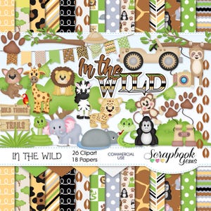 IN THE WILD Clipart & Papers Kit, 26 png-clipartbestanden, 18 jpeg-papierbestanden, Instant Download dierentuin safari jungle, gorilla, leeuw, olifant