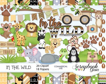 May include: A digital scrapbook kit with 26 clipart images and 18 patterned papers featuring jungle animals, including a giraffe, lion, zebra, monkey, elephant, and gorilla. The kit is titled "In the Wild" and includes the text "Wild Things" and "Trails".