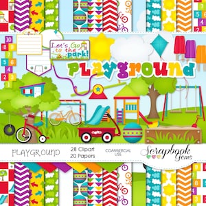 May include: A digital scrapbook kit with 28 clipart images and 20 patterned papers featuring a colorful playground theme. The kit includes images of a swing set, slide, sandbox, wagon, bike, and a tree. The text "Let's Go to the Park!" and "Playground" are included in the design.