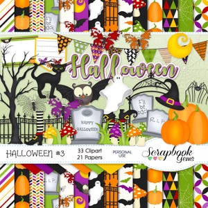 HALLOWEEN #3 Clipart and Papers Kit, 33 png Clip Arts, 21 jpeg Papers Instant Download pompoen maan kat vleermuis grafsteen uil spook spinnenweb