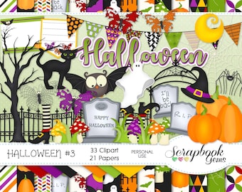 HALLOWEEN #3 Clipart and Papers Kit, 33 png Clip Arts, 21 jpeg Papers Instant Download pumpkin moon cat bat grave stone owl ghost spider web