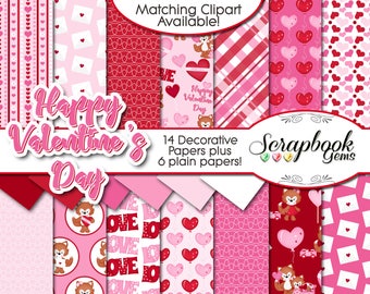 VALENTINE'S DAY #2 Digital Papers, 20 Pieces, 12" x 12", High Quality JPEGs Instant Download heart wedding valentine pink red foxes love fox