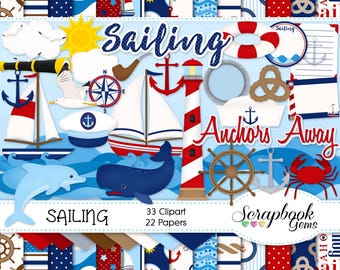 May include: A digital scrapbooking kit with a nautical theme. The kit includes 33 clipart images and 22 patterned papers. The clipart includes anchors, a lighthouse, a sailboat, a whale, a dolphin, a crab, a compass, a nautical knot, a life preserver, a telescope, a seagull, and a sailor's hat. The papers feature red, white, and blue stripes, polka dots, and anchors. The text "Sailing Anchors Away" is featured in the image.