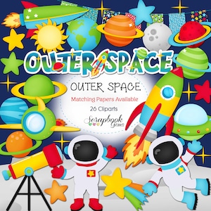 Clipart espace extra-atmosphérique, 26 fichiers clipart png, téléchargement immédiat, planètes, système solaire, astronaute, voyage dans l'espace, fusée, lune, étoiles, soleil