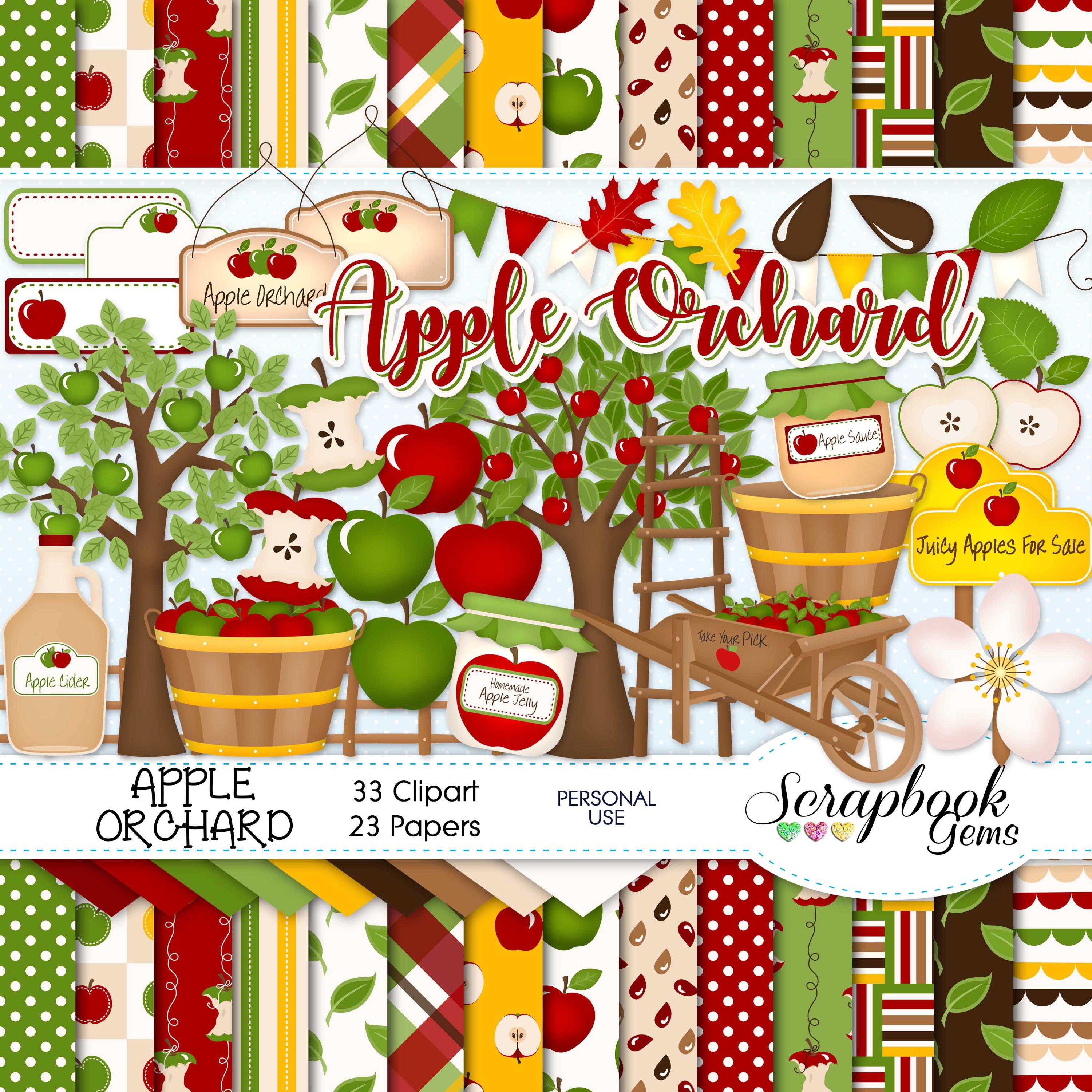APPLE ORCHARD Clipart and Papers Kit, 33 png Clip Arts, 23 jpeg Papers Instant Download fruit tree cider apple juice farm market autumn fall