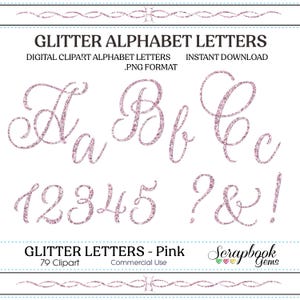Pink Glitter Letters & Numbers Digital Clipart, 79 High Quality PNG files, Instant Download