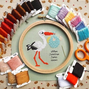 Stork and Baby Cross Stitch Pattern PDF | Personalised Newborn Baby Sampler | Cute Bird Counted Cross Stitch Chart | Instant Download