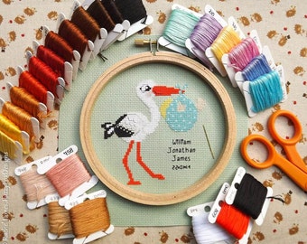 Stork and Baby Cross Stitch Pattern PDF | Personalised Newborn Baby Sampler | Cute Bird Counted Cross Stitch Chart | Instant Download