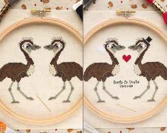 Emu Pair Cross Stitch Pattern PDF | Personalised Wedding Sampler | Cute Bird Counted Cross Stitch Chart | Instant Download