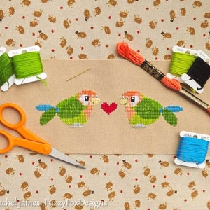 May include: Cross stitch pattern of two lovebirds with a red heart between them. The pattern is stitched on beige Aida cloth. The image includes DMC floss spools in green, black, and blue.
