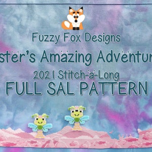 Pode incluir: Um fundo azul e roxo tie-dye com o texto "Fuzzy Fox Designs Aster's Amazing Adventure 202 | Stitch-a-Long FULL SAL PATTERN" em texto turquesa. Dois personagens de libélula de desenho animado estão na parte inferior da imagem.