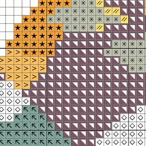 K&ouml;nnte beinhalten: Kreuzstichmuster mit verschiedenen Symbolen, darunter Sterne, Dreiecke und Pfeile. Das Muster ist in Orange-, Gelb-, Gr&uuml;n-, Grau- und Wei&szlig;t&ouml;nen gehalten.