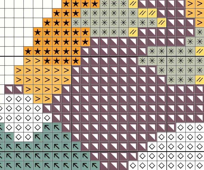 K&ouml;nnte beinhalten: Kreuzstichmuster mit verschiedenen Symbolen, darunter Sterne, Dreiecke und Pfeile. Das Muster ist in Orange-, Gelb-, Gr&uuml;n-, Grau- und Wei&szlig;t&ouml;nen gehalten.