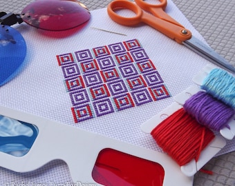 3D Cross Stitch Pattern | Geometric Blocks | Cross Stitch Pattern for use with Retro Red/Cyan (Red/Blue) 3D Glasses