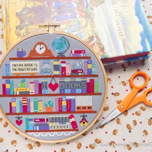 Book Lover&#39;s Shelf Bookshelf Cross Stitch Pattern PDF | Cute Room Cross Stitch Series