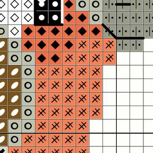May include: A cross-stitch pattern featuring a geometric design. The pattern includes squares, diamonds, and cross shapes in a palette of black, white, orange, brown, and gray. The design is on a grid, ready for stitching.