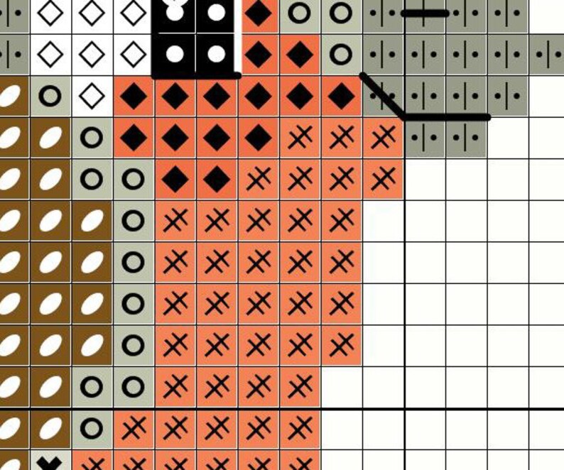 May include: A cross-stitch pattern featuring a geometric design. The pattern includes squares, diamonds, and cross shapes in a palette of black, white, orange, brown, and gray. The design is on a grid, ready for stitching.