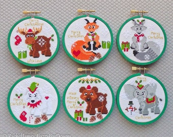 Christmas Woodland Animals Cross Stitch Pattern PDF | Set of 6 Moose, Fox, Wolf, Polar Bear, Brown Grizzly and Elephant DIY Decorations